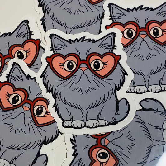 Grey Cat with Heart Glasses Sticker