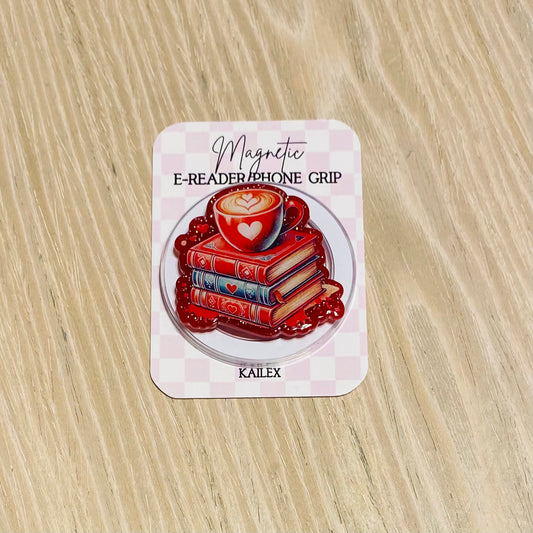 Red stack of books with coffee E-Reader, Phone Grip for all Devices - Magnetic