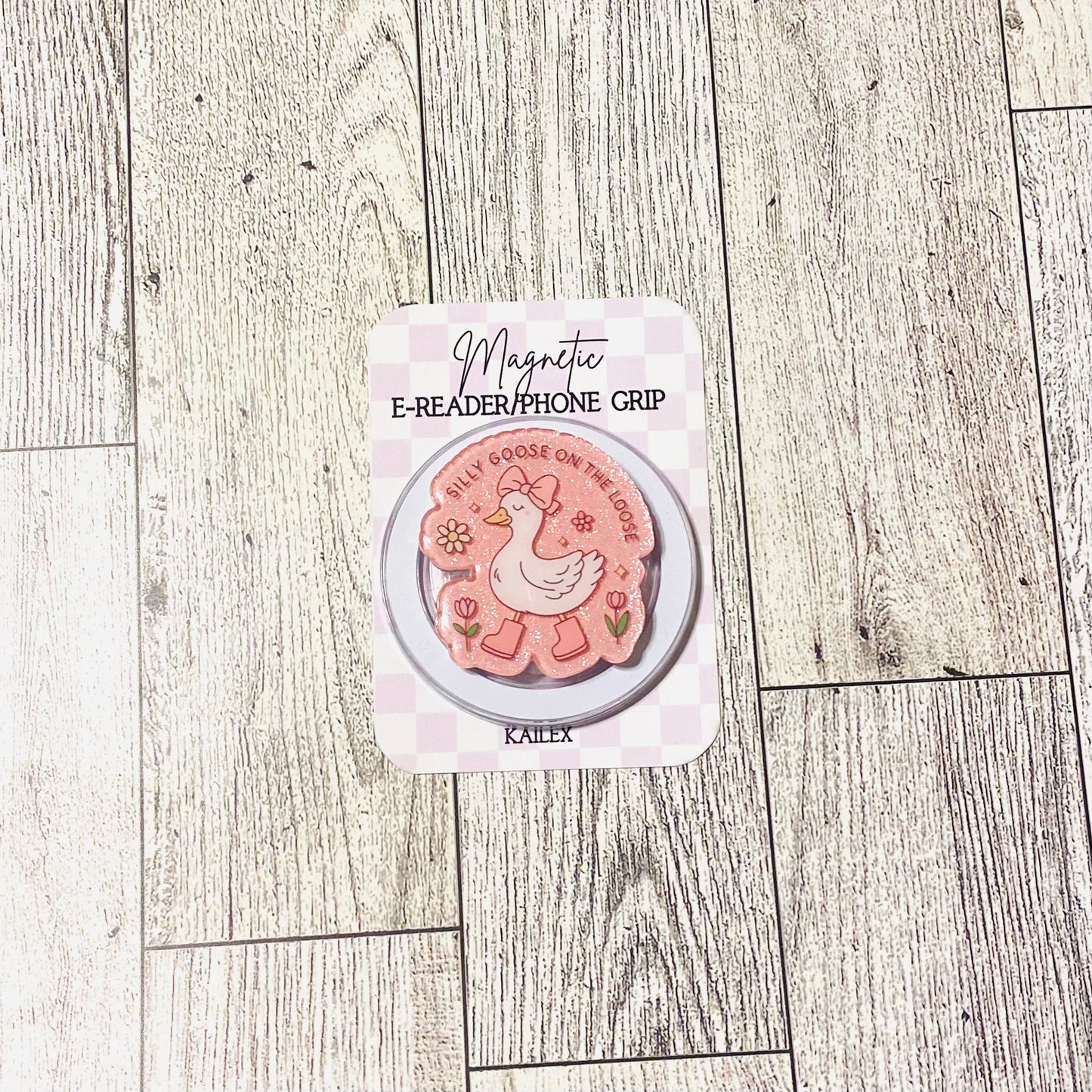 Pink Silly Goose on the Loose E-Reader, Phone Grip for all Devices Magnetic Grip