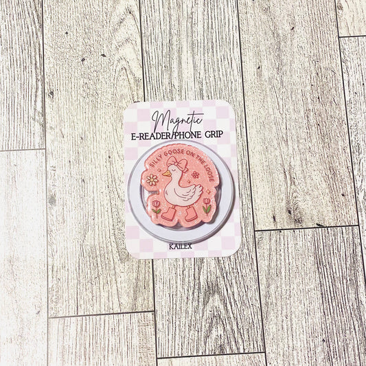 Pink Silly Goose on the Loose E-Reader, Phone Grip for all Devices Magnetic Grip