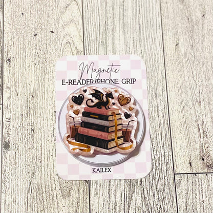 Stacked books with Dragon and coffee, pink Magnetic Grip