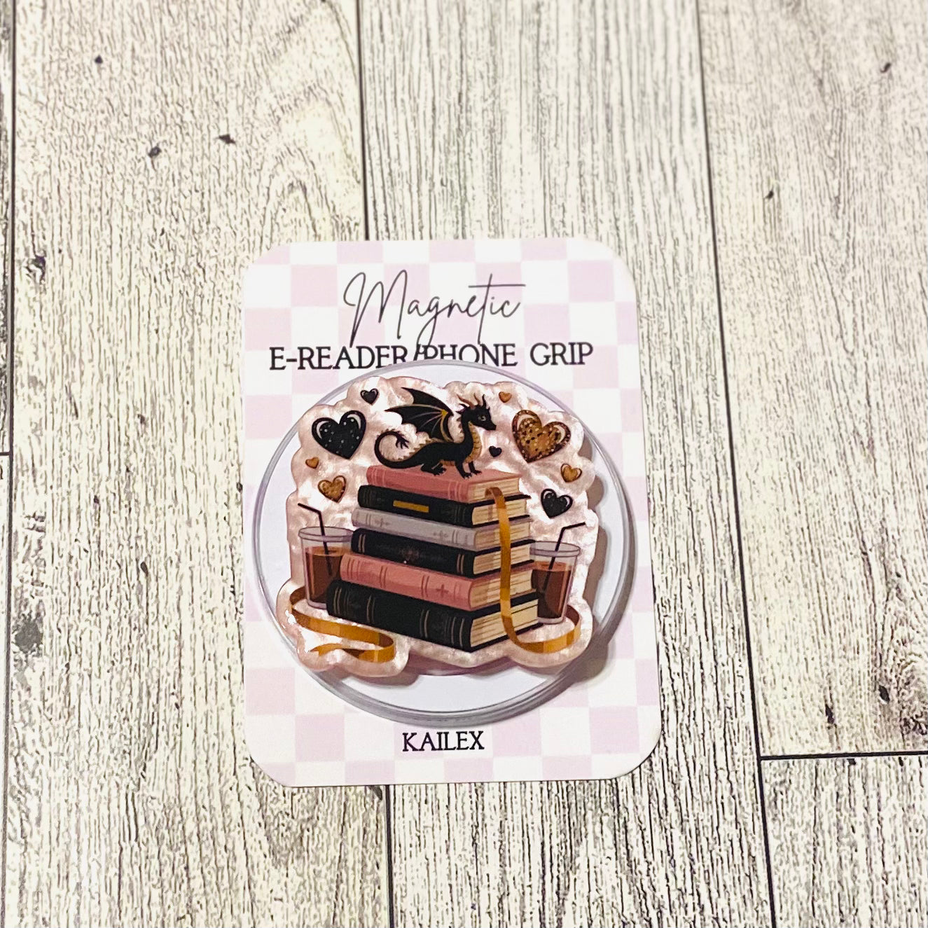 Stacked books with Dragon and coffee, pink Magnetic Grip