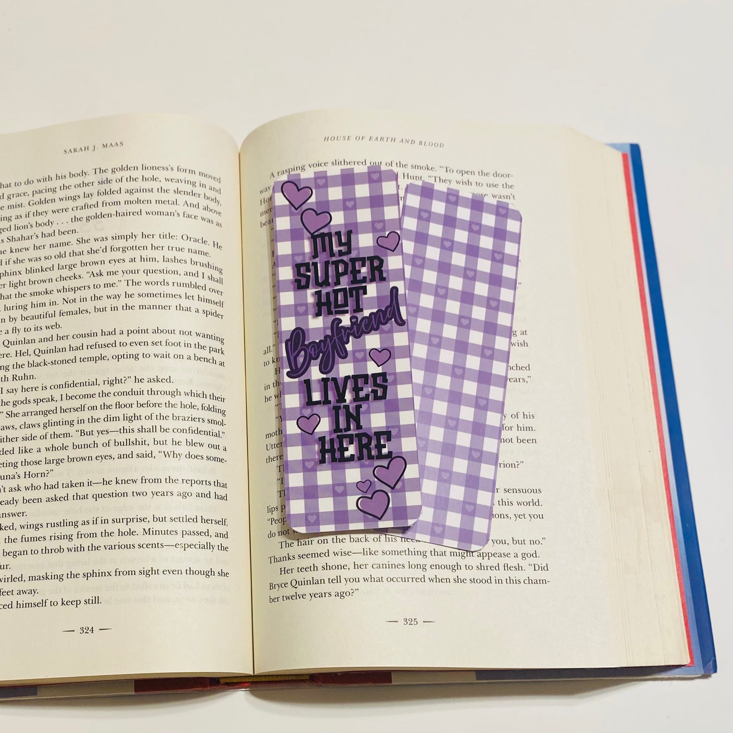 My super hot boyfriend lives in here purple checkered glossy Bookmark