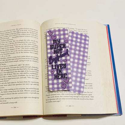 My super hot boyfriend lives in here purple checkered glossy Bookmark