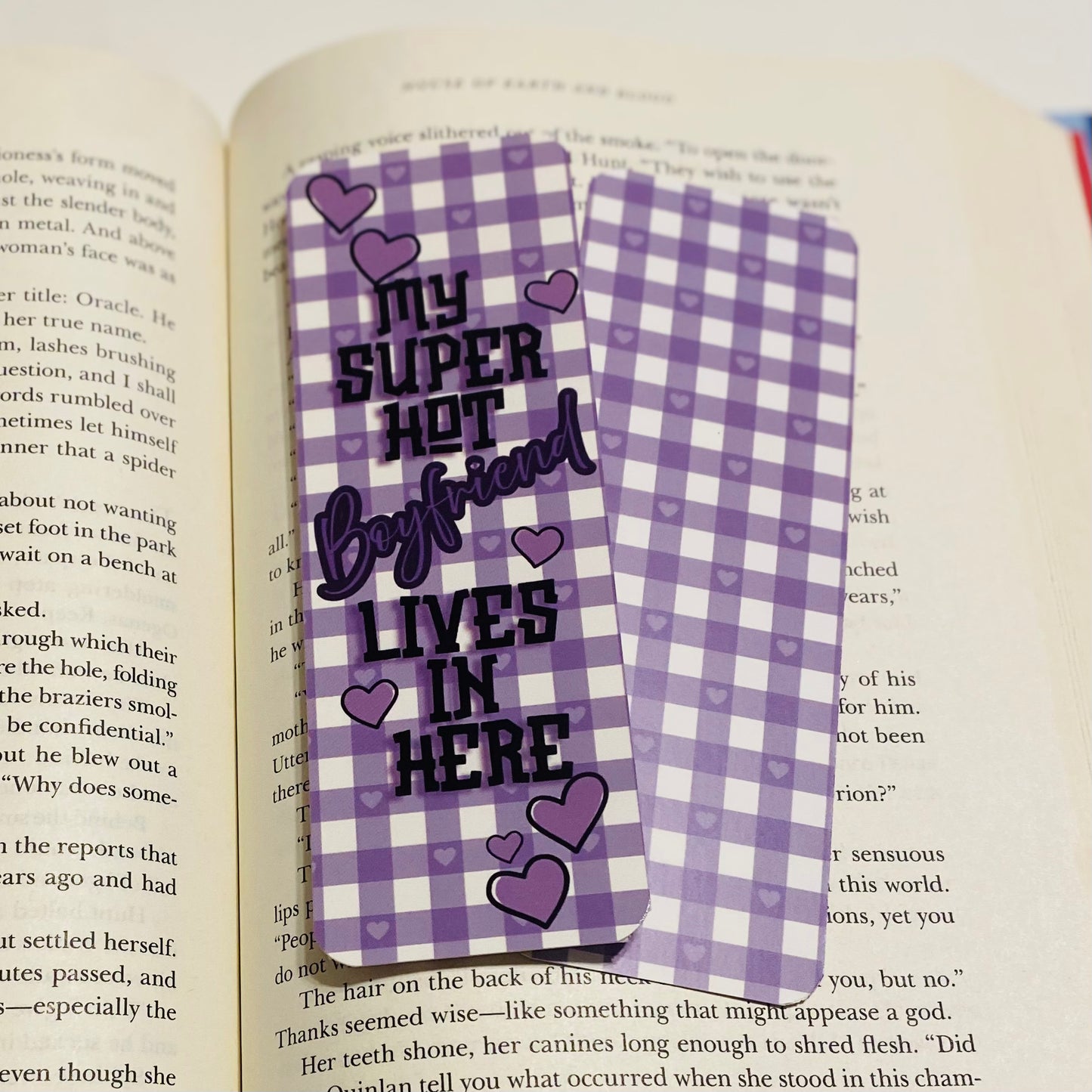 My super hot boyfriend lives in here purple checkered glossy Bookmark