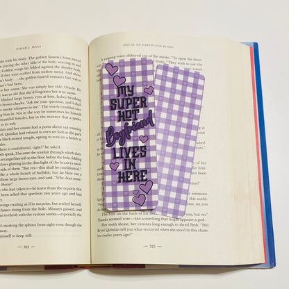 My super hot boyfriend lives in here purple checkered glossy Bookmark