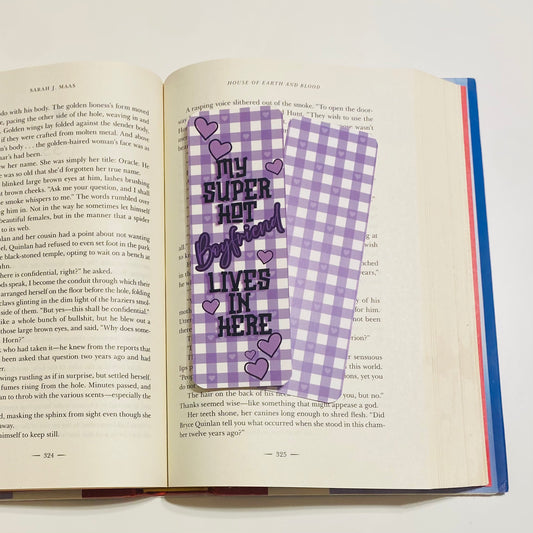 My super hot boyfriend lives in here purple checkered glossy Bookmark