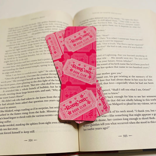 ROM COM book club pink ticket, admit one, glossy Bookmark