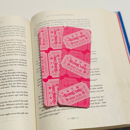 ROM COM book club pink ticket, admit one, glossy Bookmark