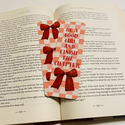 Be a good girl and finish the chapter, checkered with bows, glossy Bookmark