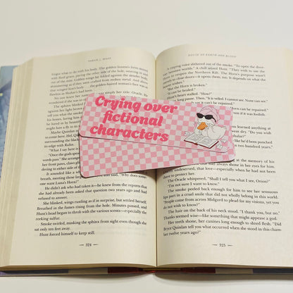 Crying over fictional characters, pink checkered with goose glossy Bookmark