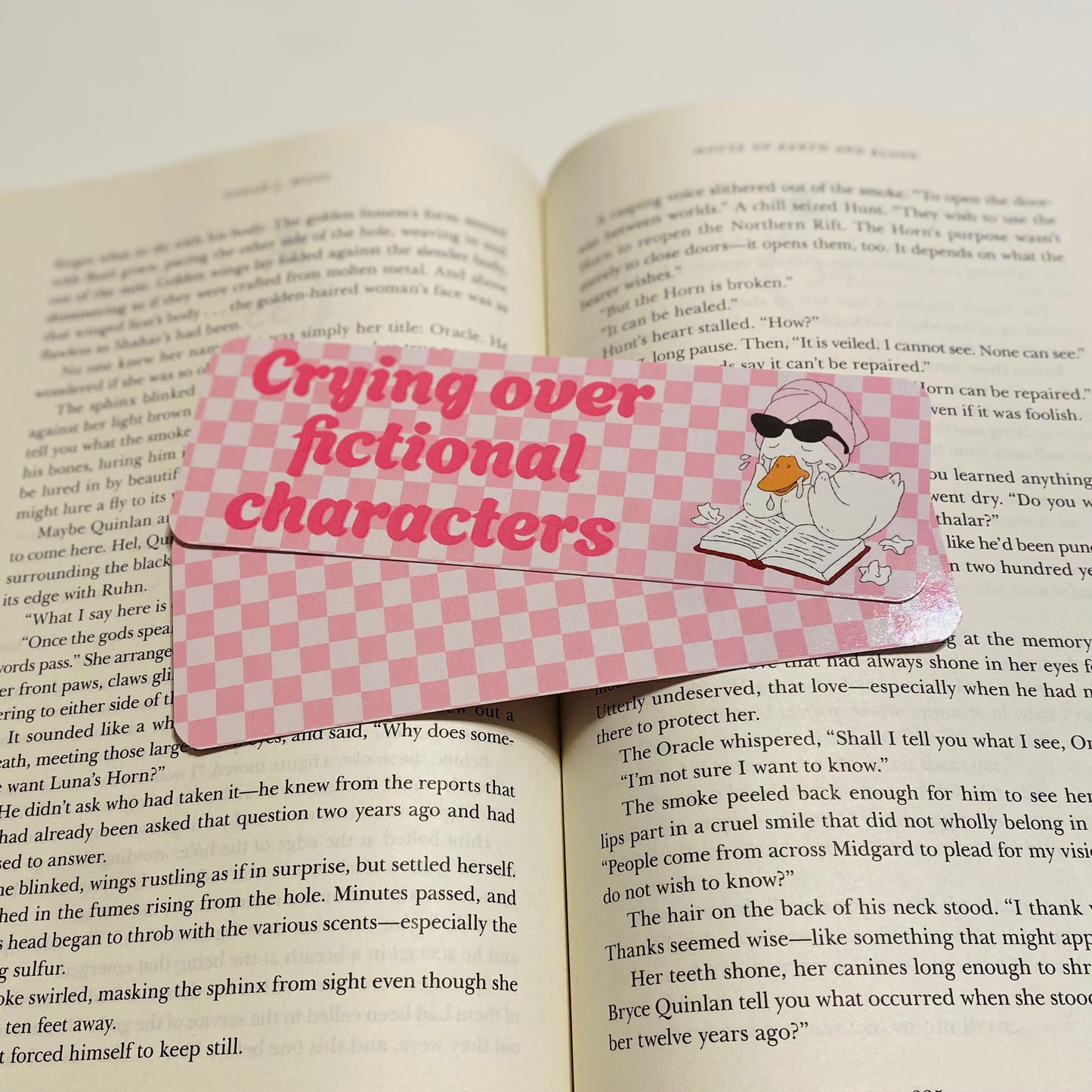 Crying over fictional characters, pink checkered with goose glossy Bookmark