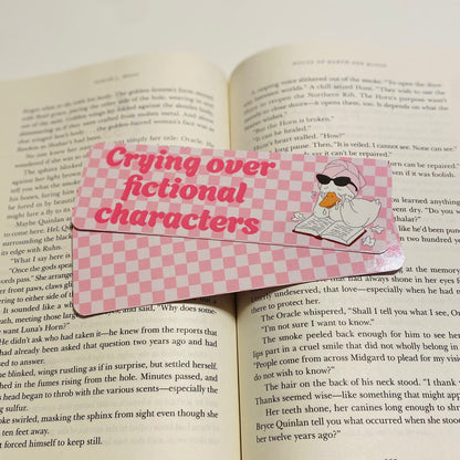 Crying over fictional characters, pink checkered with goose glossy Bookmark