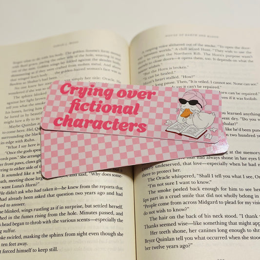 Crying over fictional characters, pink checkered with goose glossy Bookmark