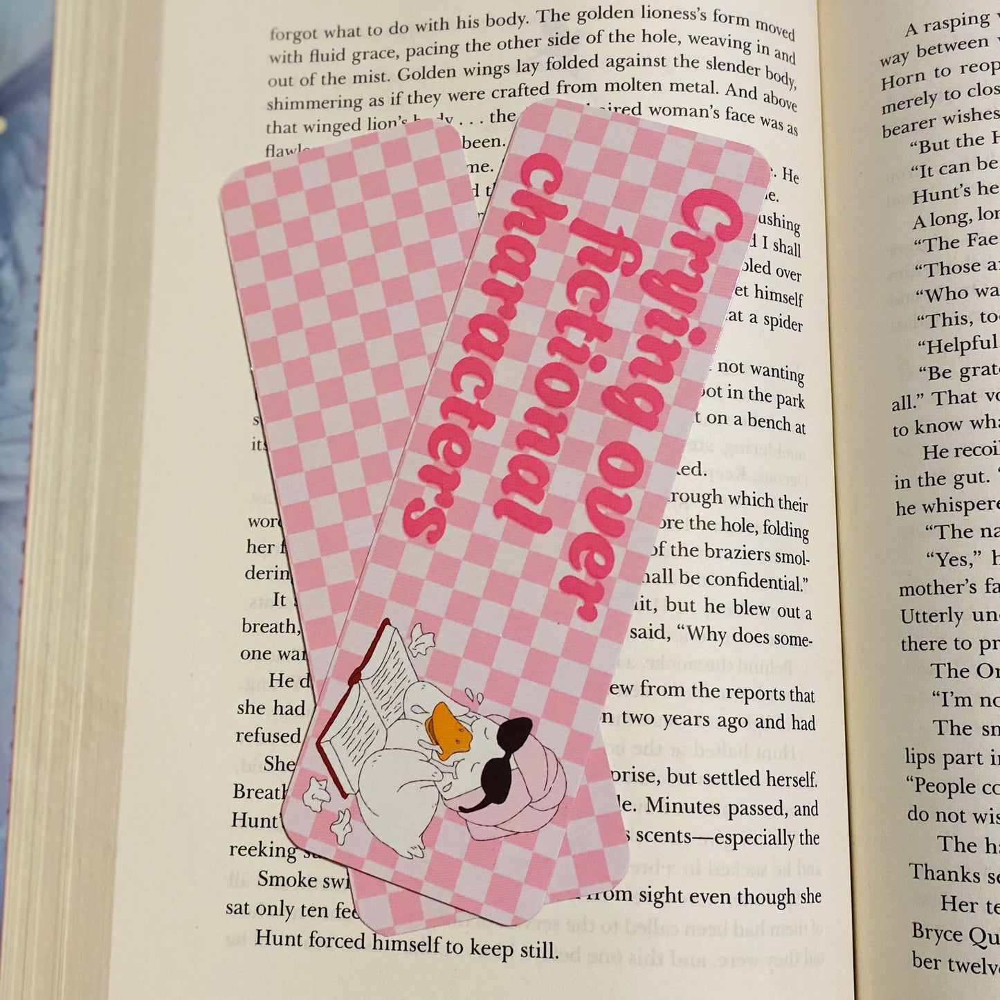 Crying over fictional characters, pink checkered with goose glossy Bookmark