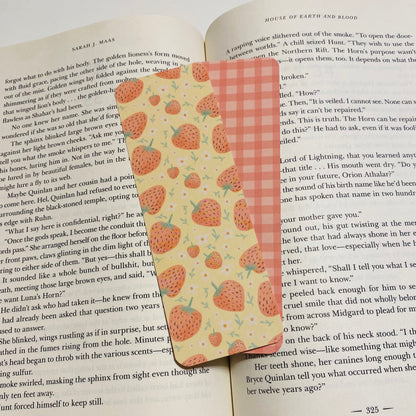 Yellow strawberries with checkered back glossy Bookmark