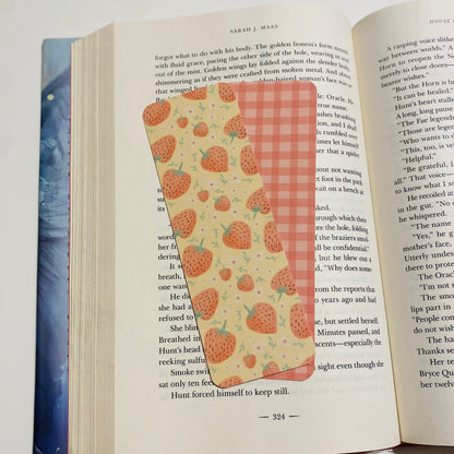 Yellow strawberries with checkered back glossy Bookmark
