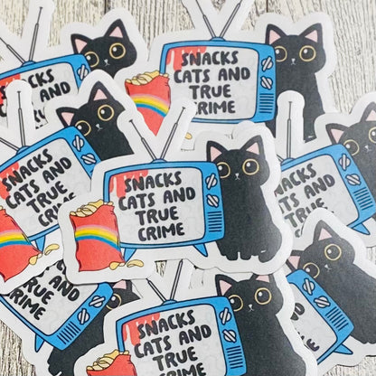Snacks , Cats, and True Crime with TV and cat Sticker