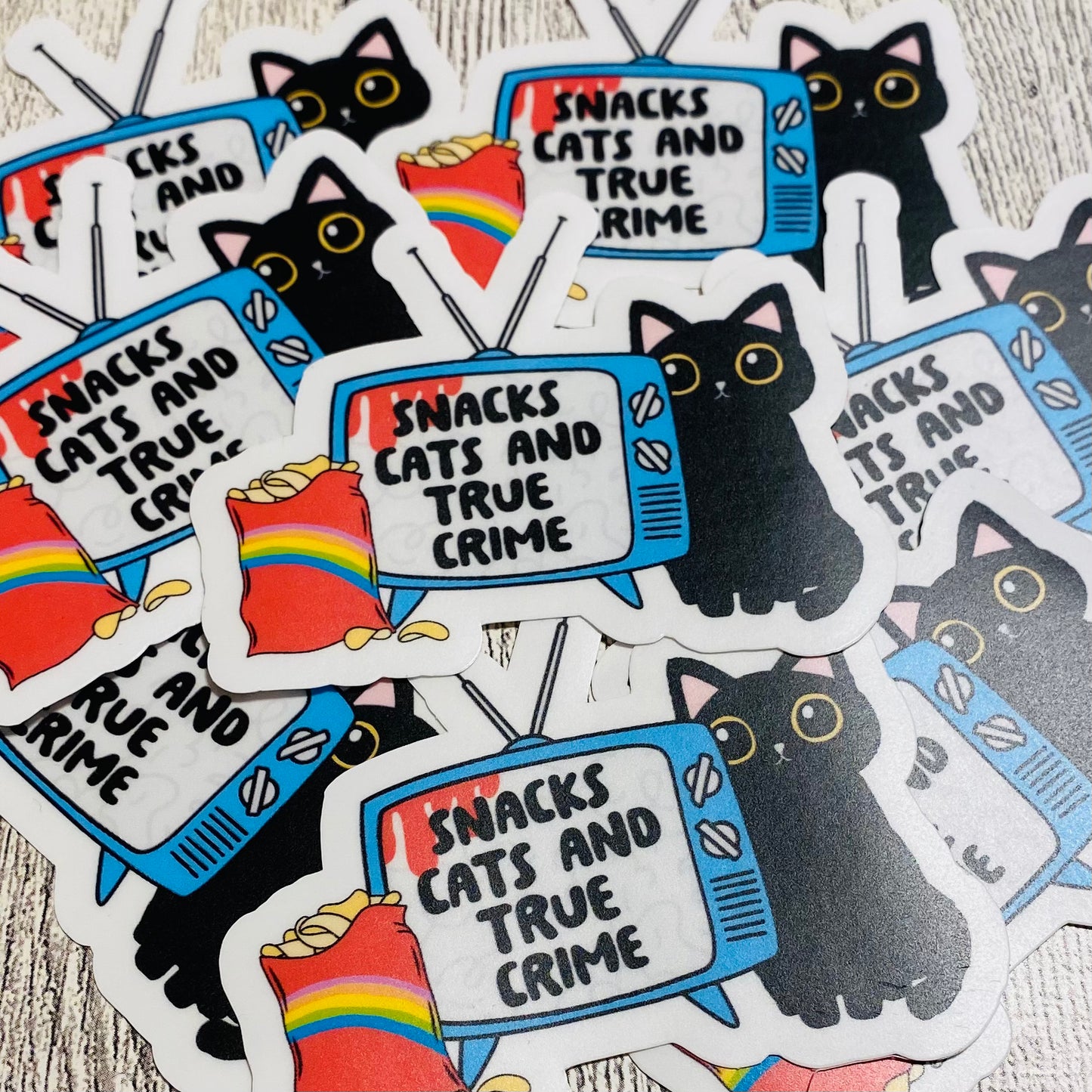 Snacks , Cats, and True Crime with TV and cat Sticker