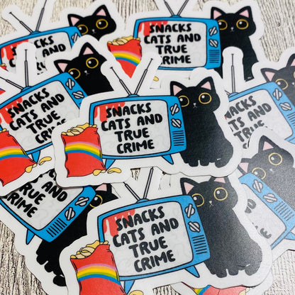 Snacks , Cats, and True Crime with TV and cat Sticker