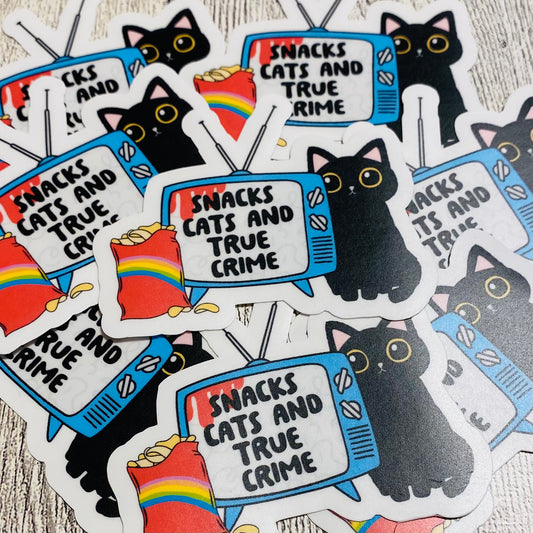 Snacks , Cats, and True Crime with TV and cat Sticker