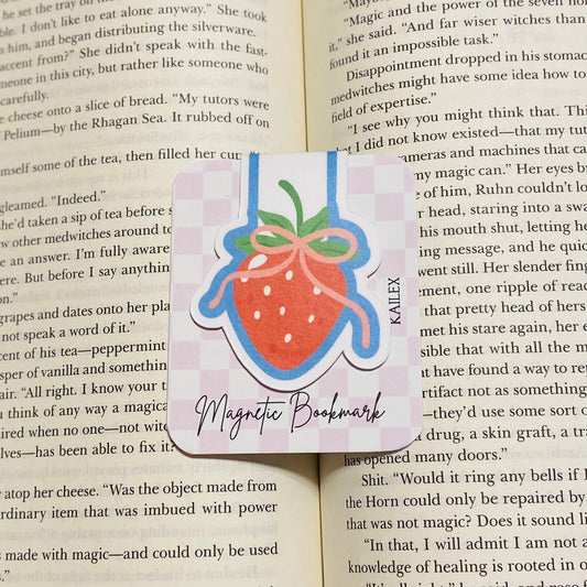 Blue strawberry with Pink Bow Magnetic Bookmark