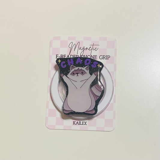 Magnetic e-reader phone grip with cat design on a checkered card, brand 'KAILEX' visible