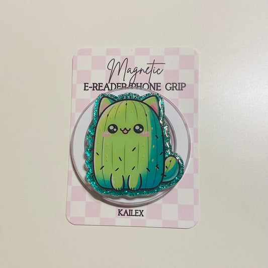 Cute cactus-shaped magnetic e-reader phone grip on a checkered card with 'KAILEX' branding.