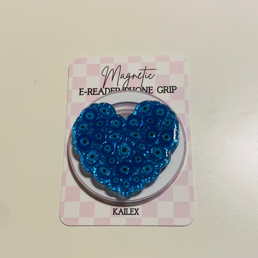 Blue heart-shaped magnetic e-reader phone grip on a pink checkered card with 'KAILEX' branding.