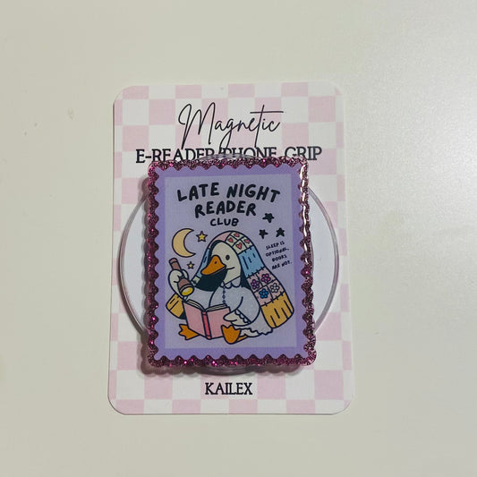 Magnetic e-reader phone grip with cartoon duck design on a checkered card, brand 'KAILEX' visible.