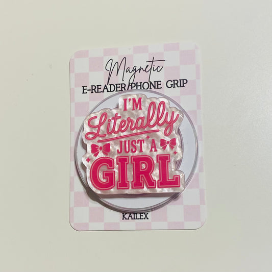 Magnetic e-reader/phone grip with 'I'm Literally Just a Girl' text on a checkered background