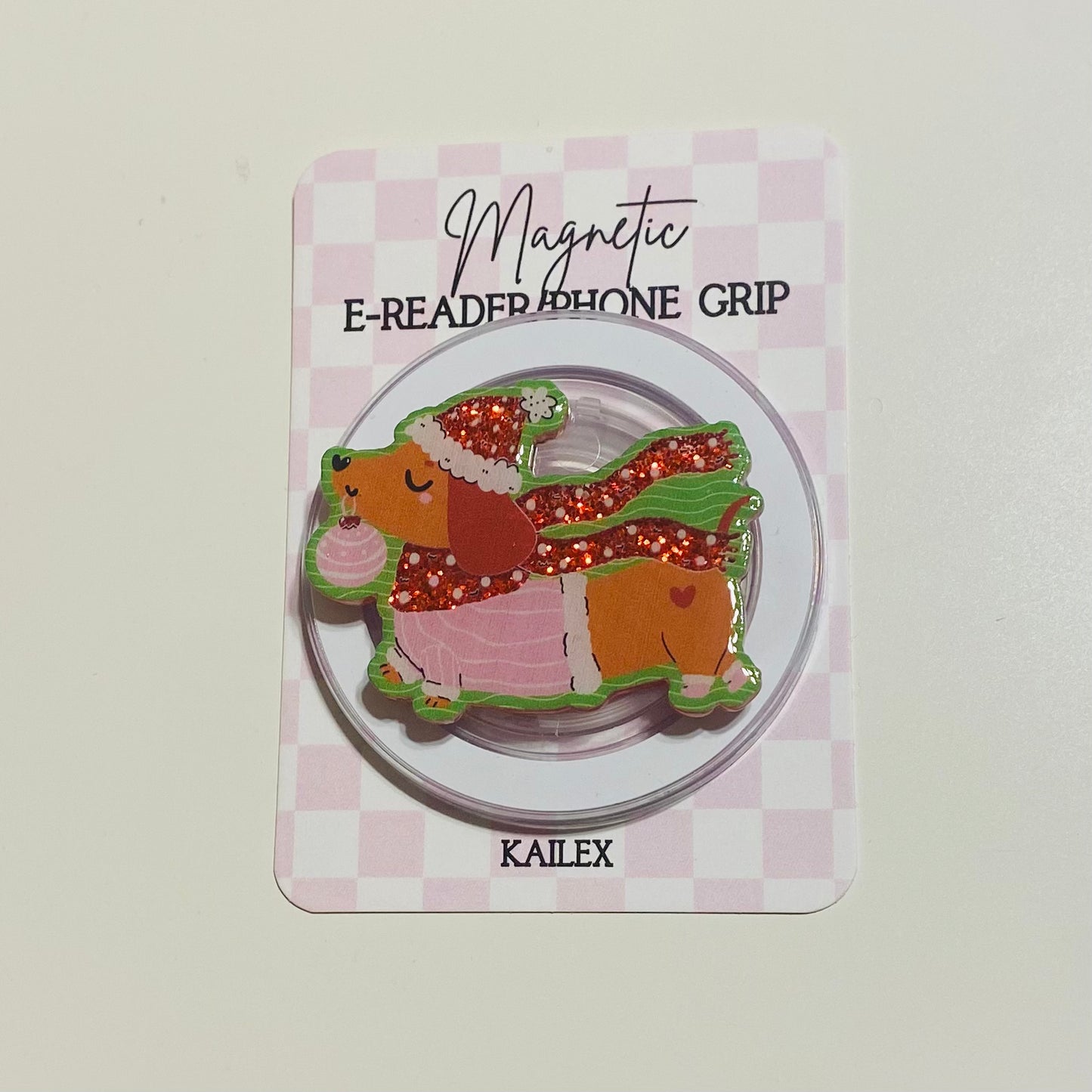 Magnetic e-reader phone grip with dog design on a checkered card, brand 'KAILEX' visible