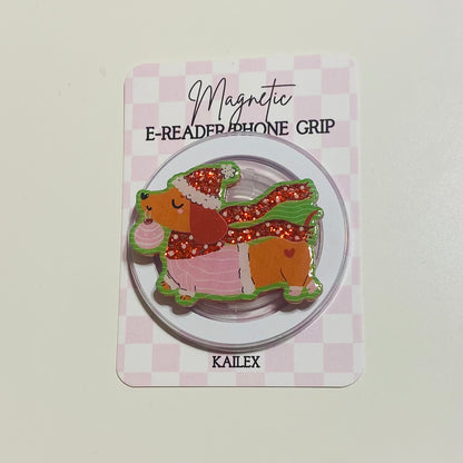 Magnetic e-reader phone grip with dog design on a checkered card, brand 'KAILEX' visible