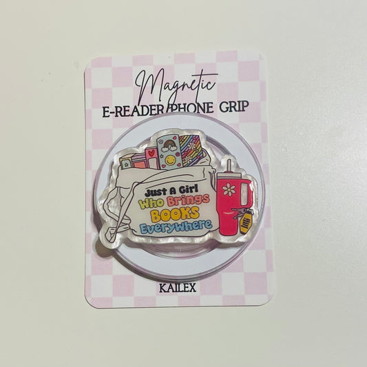 Magnetic e-reader phone grip with 'Just a Girl Who Reads Books' design on a checkered card, brand 'KAILEX' visible.
