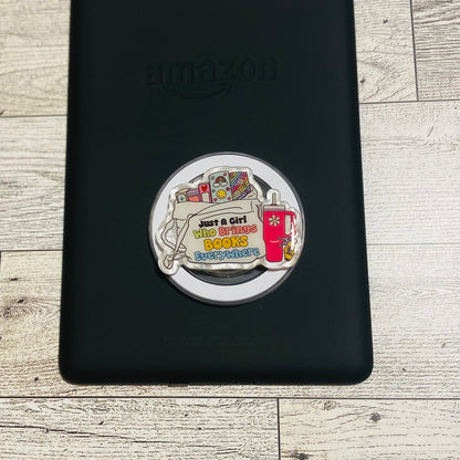 Magnetic e-reader phone grip with 'Just a Girl Who Reads Books' design