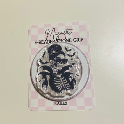 Magnetic e-reader phone grip with skeleton design on a checkered card, brand 'KAILEX' visible