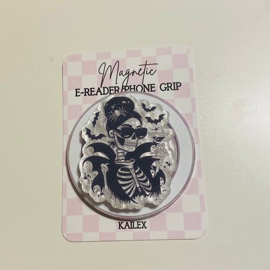 Magnetic e-reader phone grip with skeleton design on a checkered card, brand 'KAILEX' visible