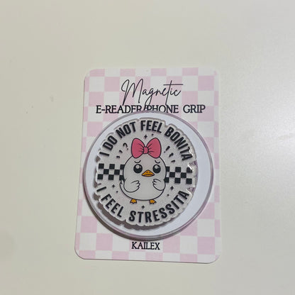 Magnetic e-reader phone grip with cartoon chicken design on a checkered card