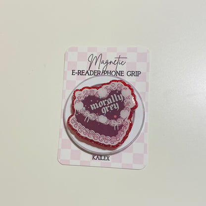 Magnetic e-reader phone grip with 'morally grey' design on a checkered card