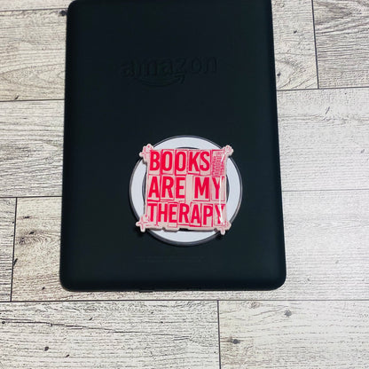 Magnetic e-reader phone grip with 'Books are my therapy' text 
