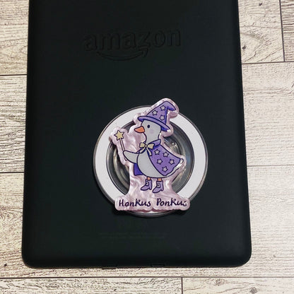 Magnetic e-reader phone grip with cartoon character