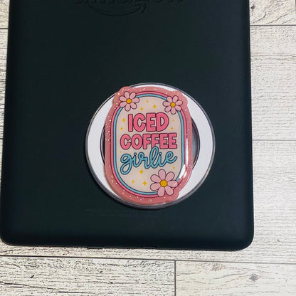 Magnetic e-reader phone grip with 'Iced Coffee Girlie' design 