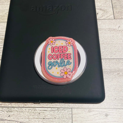 Magnetic e-reader phone grip with 'Iced Coffee Girlie' design 