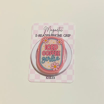 Magnetic e-reader phone grip with 'Iced Coffee Girlie' design on a checkered background
