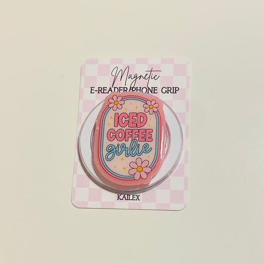 Magnetic e-reader phone grip with 'Iced Coffee Girlie' design on a checkered background