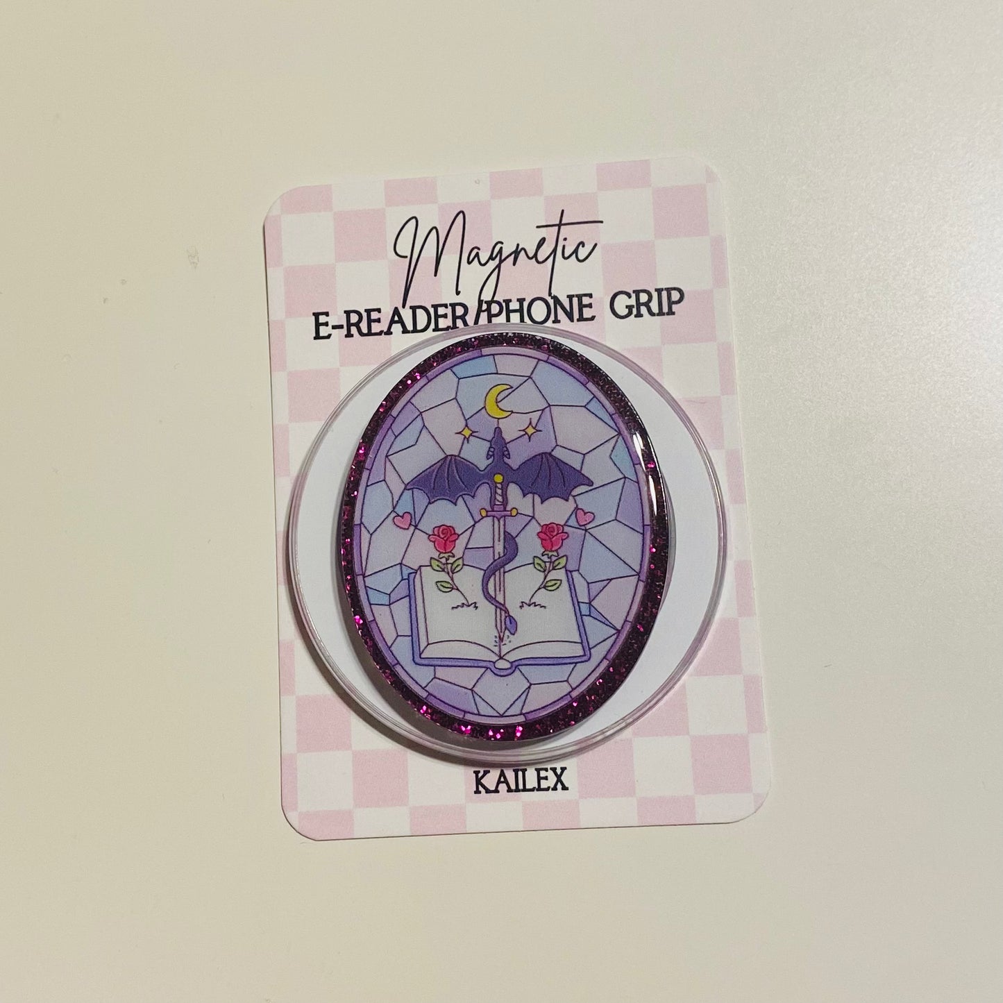 Magnetic e-reader phone grip on a checkered card with 'KALEX' branding