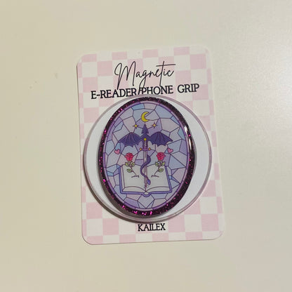 Magnetic e-reader phone grip on a checkered card with 'KALEX' branding