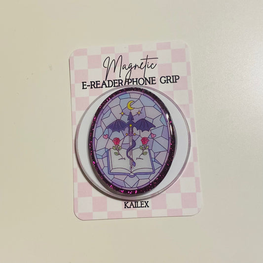 Magnetic e-reader phone grip on a checkered card with 'KALEX' branding