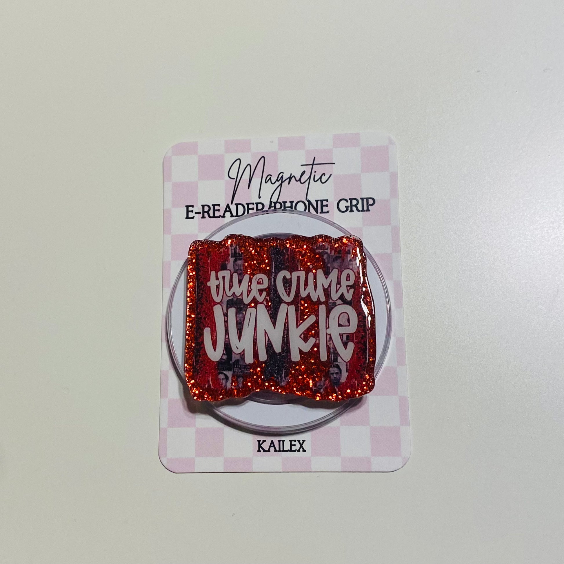 Magnetic e-reader phone grip with glittery design on a checkered card, brand 'KAILEX' visible
