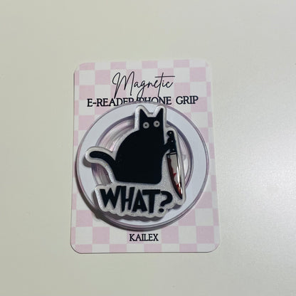 Magnetic e-reader phone grip with a black cat design on a checkered card